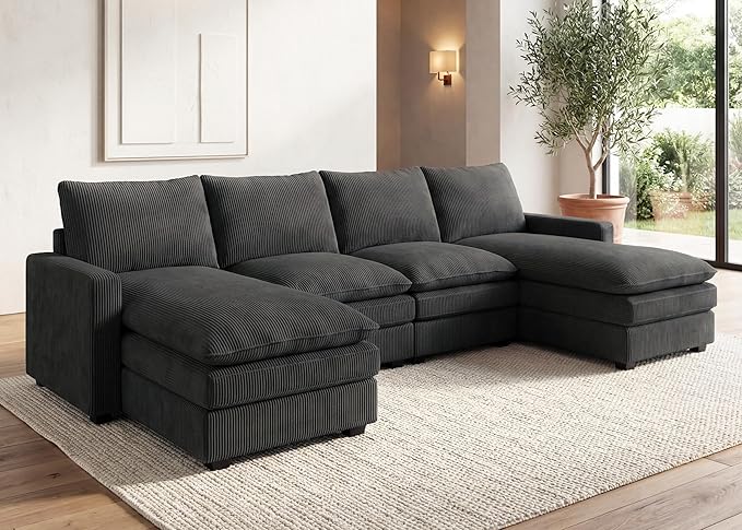 HONBAY 127.2 Inch Corduroy Cloud Modular Sectional Sofa with Chaise Deep Seat U-Shaped Couch with Storage for Living Room Apartment Small SpaceGrey