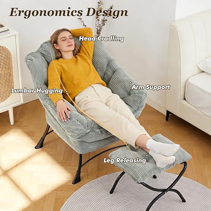 QQU Lazy Chair with Ottoman Corduroy Lounge Armchair Reading Chair with Footrest for Living Room Balcony Study (Green)