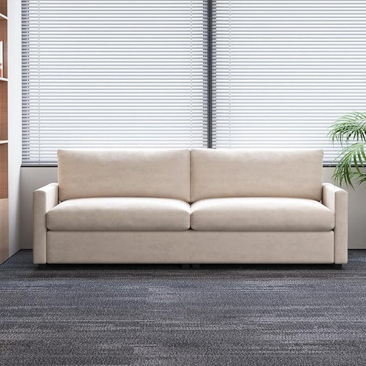 Modern Beige Fabric Loveseat Sofa with Deep Seat and Soft Cushions Office Couch Easy to Clean and Assemble Minimalist Premium Style for Office or Living Room Fits Small or Large Spaces