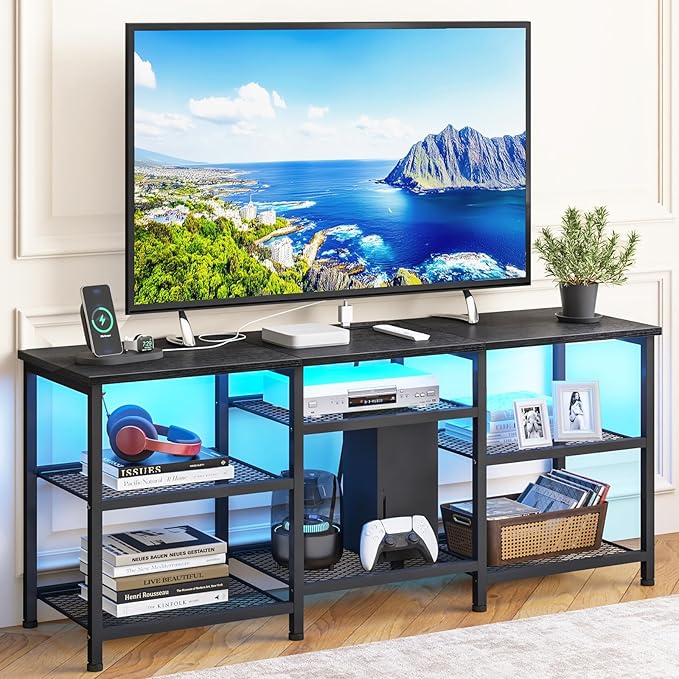 YGEOMER TV Stand for TVs Up to 55 Inches Entertainment Center with Power Outlet and LED Lights Open Storage Shelves TV Media Console Table for Living Room and Bedroom Black