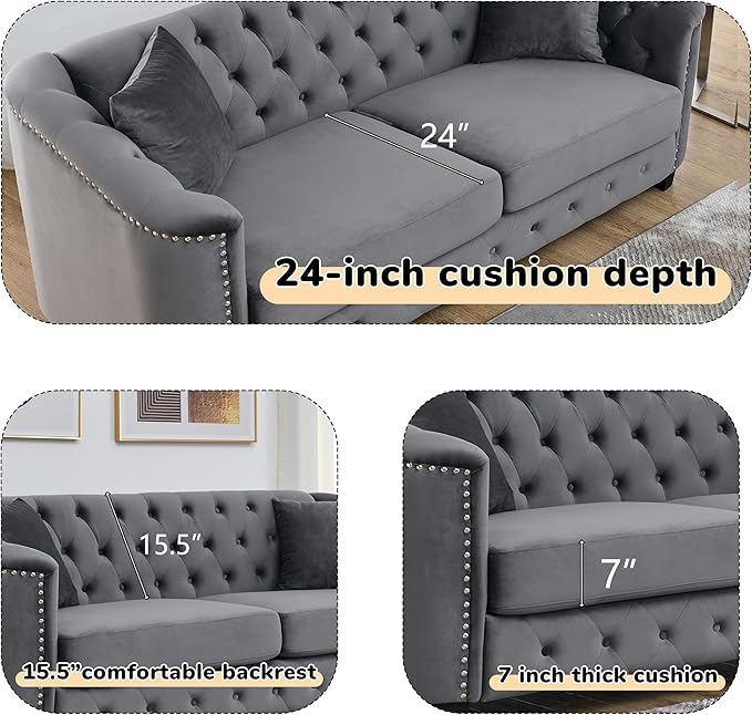 2 Piece Modern Chesterfield Velvet 77 3-Seater Sofa Set Upholstered Tufted Backrests with 8 Nailhead Arms and 4 Cushions for Living Room (Grey 2 Piece 77 3-Seater Sofa Sets)