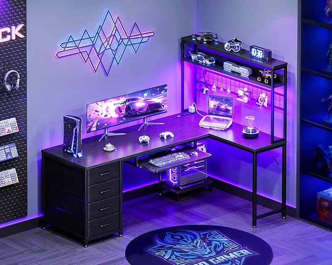 AODK 59 Inch L Shaped Desk with 4 Drawers Gaming Desk with Led Lights &amp Power Outlets Computer Desk with Pegboard &amp Keyboard Tray Reverisble Home Office Desk with Storage Shelves &amp CPU
