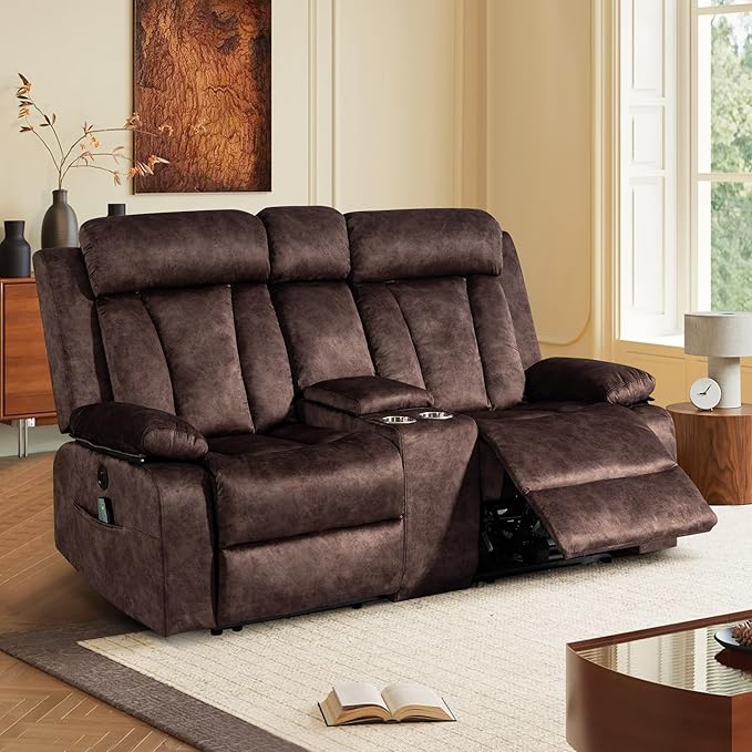 Power Reclining Loveseat with Heat &amp Massage Dual Recliner Sofa with Console Cup Holders USB &amp Type-C Ports 2 Seater Electric Reclining Couch for Living Room RV (Brown 2 Seat)