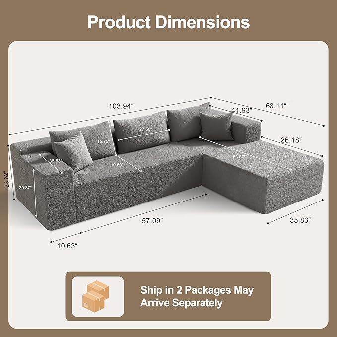 104 Sectional Couches for Living Room Modular Sectional Sofa with Deep Seat Cloud Couch for Living Room Bedroom L-Shape Couch with Chaise No Assembly Required (Plush Right)