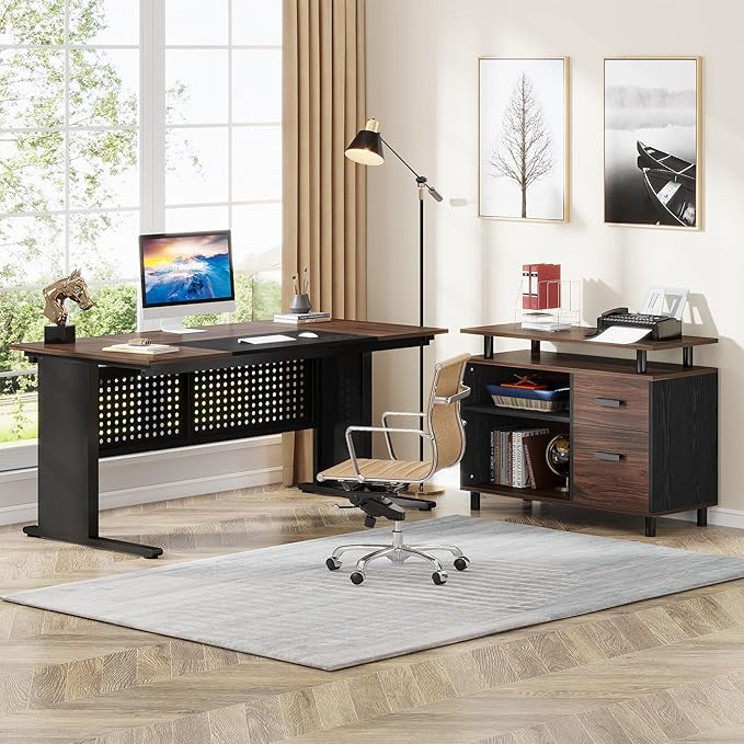 Tribesigns 63 Inch Executive Desk with File Cabinet Large Office Desk L Shaped Computer Desk with Drawers and Storage Shelves Business Furniture Desk for Home Office Dark Walnut and Black