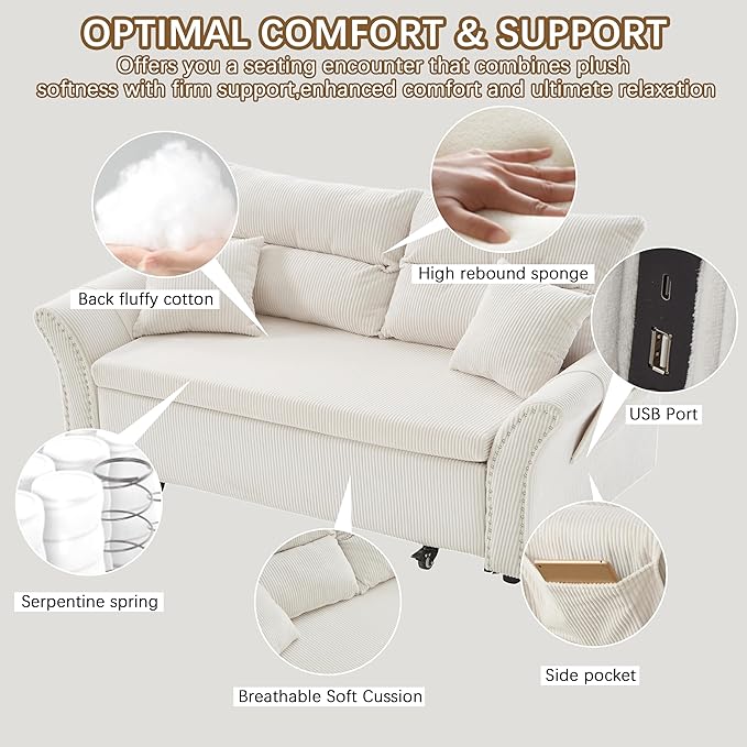 64 Queen Pull Out Futon Sofa Bed with USB Ports 3-in-1 Modern Convertible Sleeper Sofa with Side Pocket ＆ Rivets Comfy Corduroy Loveseat Couch for Living Room Bedroom Apartment (Queen White)