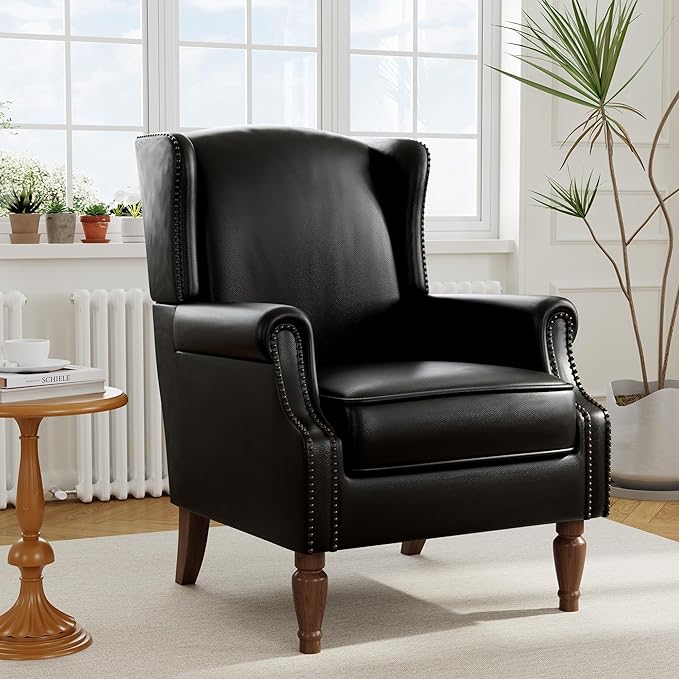 Floral High Back Accent Chair Upholstered Armchair with Solid Wood Legs Comfy Wingback Reading Single Sofa Chair for Small Spaces Living Room Bedroom(Leather Black Set of 2)