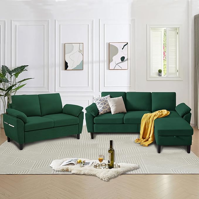 Convertible Sectional Sofa Set 79 Modern L Shaped Couch and 57 Loveseat Linen Upholstered 3 Seat Sofa Couches for Living Room Apartment Green