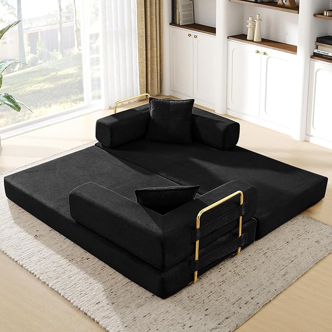 Convertible Folding Sofa Bed Corduroy Sleeper Mattress Couch with Fixed-Shape Frame Free Combination Loveseat Lounge Floor Sofa Queen Size Memory Foam Couch for Living Room Bedroom Carbon Black