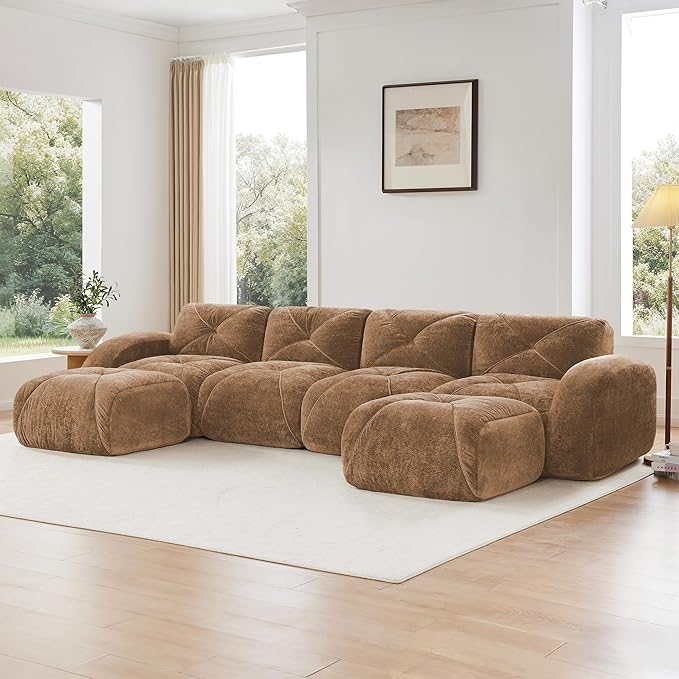 KEIKI 141 U-Shaped Velvet Modular Sectional Sofa with High-Density Foam Cushion &amp 4 Pillow &amp 2 Ottoman Compressed Boneless 4-Seater Tufted Couch No Assembly Required for Living Room Camel