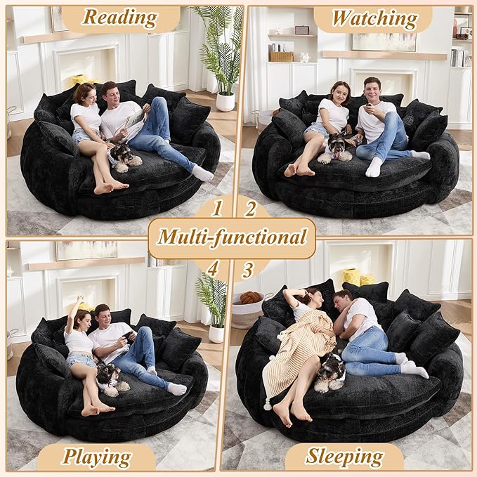 81'' Cloud Couches for Living Room Comfy Circle Round Couch Bed with 14 Pillows Upholstered Boneless Couch Oversized Chaise Lounge Chair Indoor Extra Wide Round Daybed Floor Sofa (Black)
