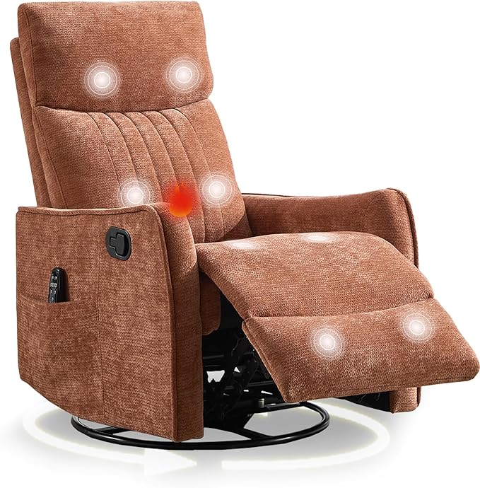 cinkehome Heated Massage Swivel Rocker Recliner Chair for Nursery - Small Space Reclining Chair with Lumbar Support 360° Swivel &amp Gentle Rocking Ergonomic High Back Orange Chenille