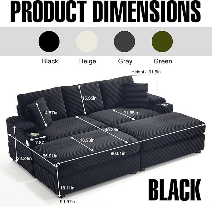 86.6 Sectional Sofa Couch with 2 Ottomans Comfy Corduroy Upholstered Cloud Modular Convertible Couch with Cup Holders and USB Armrest Storage Deep Seat Oversized Loveseat for Living Room (Black)