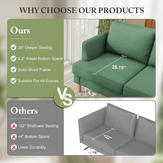 Loveseat Sofa 56 Small Couches for Small Spaces Love Seat with 2-Seat Upholstered Cushion Mid Century Modern Sofa Couches for Living Room Deep Couch for Bedroom Apartment Green