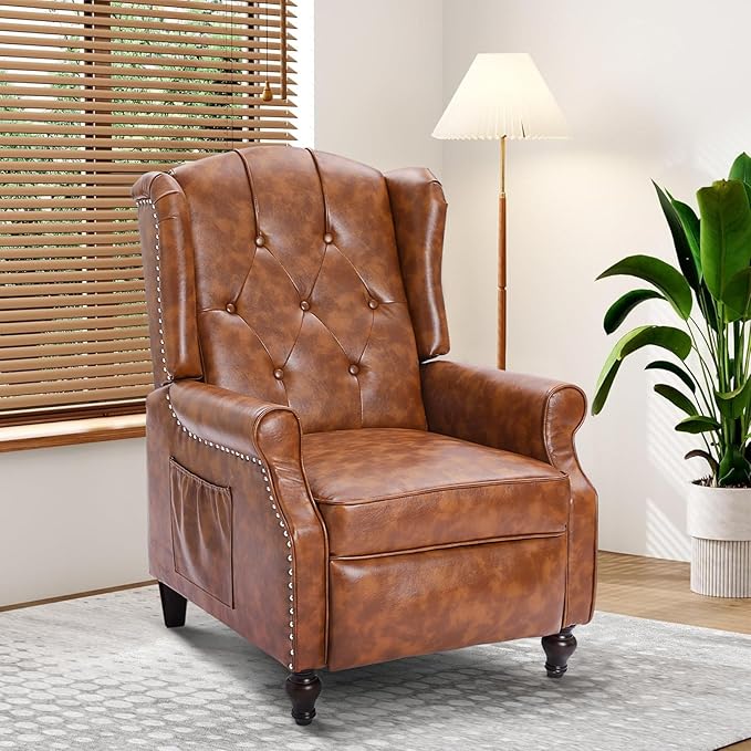 Wingback Recliner Chair with Massage and Heat Tufted Back PU Leather Living Room Armchair with Nailhead TrimPush Back Recliner Chair with Remote ControlPadded Cushion (Tawny Brown)