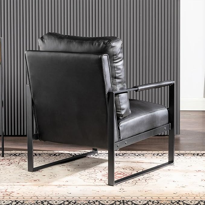 Mid-Century Modern Accent Chair with Metal Frame Black Faux Leather for Living Room Bedroom or Home Office