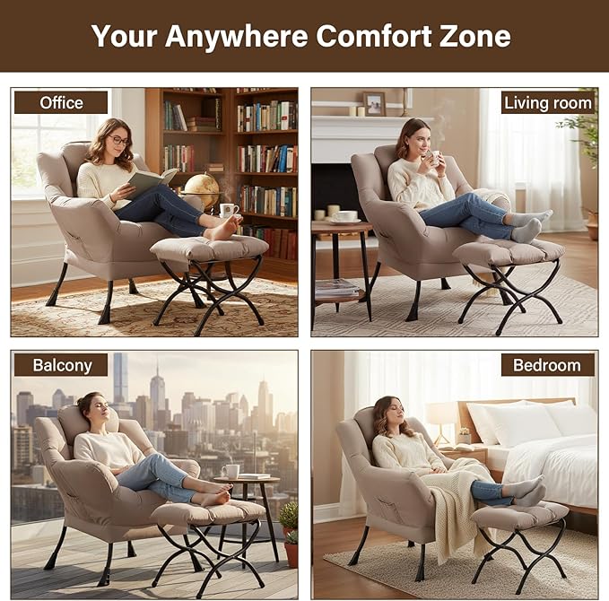 Welnow Lazy Chair with Ottoman Modern Reading Accent Chair with Armrests and a Side Pocket Leisure Upholstered Lazy Sofa Set with Footrest for Small Space Khaki