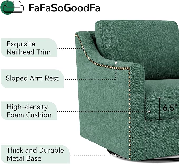 Swivel Accent Chair Modern Comfy Linen Upholstered Barrel Armchair with Nailhead Decor and Metal Base Soft Oversized Round Swivel Chair for Living Room Bedroom Club (1 Green)