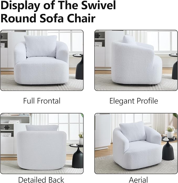 KEIKI 37.4 Oversized 360 Degree Swivel Chair Large Barrel Chairs Upholstered Round Swivel Chair Teddy Fleece Single Sofa Armchair Sleeper Couch for Living Room Lounge White