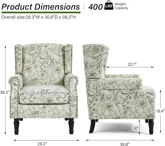 Floral High Back Accent Chair Upholstered Armchair with Solid Wood Legs Comfy Wingback Reading Single Sofa Chair for Small Spaces Living Room Bedroom(Floral Rococo Green Set of 1)