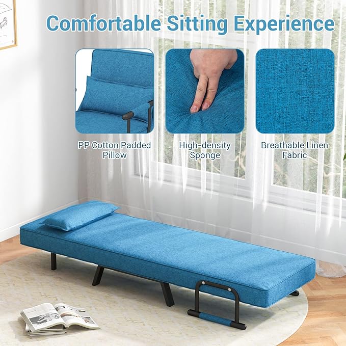 MAT EXPERT Convertible Sleeper Chair with Pillow 4-in-1 Modern Folding Chair Bed with 6-Level Adjustable Backrest Single Comfy Couch Bed for Living Room Office Balcony Apartment (Blue)