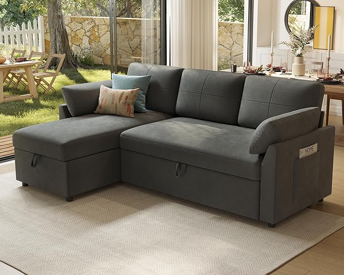 Jocisland Sofa Bed L Shaped Sleeper Sofa with Storage Chaise Pull Out Sofa for Living Room Guest Room Apartment Grey Linen Couch