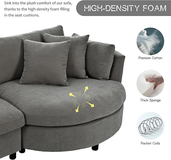 ERYE L-Shaped Right Facing Sectional Sofa Oversized Chenille Upholstered Corner Couch W/Curved Chaise Seat and 3 Toss Pillows Modern L-Shaped Sofa Couches for Living Room