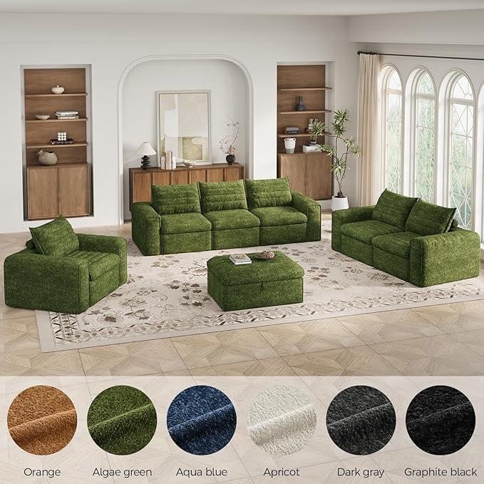 136 Modular Sectional Sofa with Deep Seat U-Shaped Cloud Couch for Living Room 4-Seater Boneless Sofa with 2 Ottomans Flexible Combination Modern Upholstery Sofa No Assembly Required Algae Green