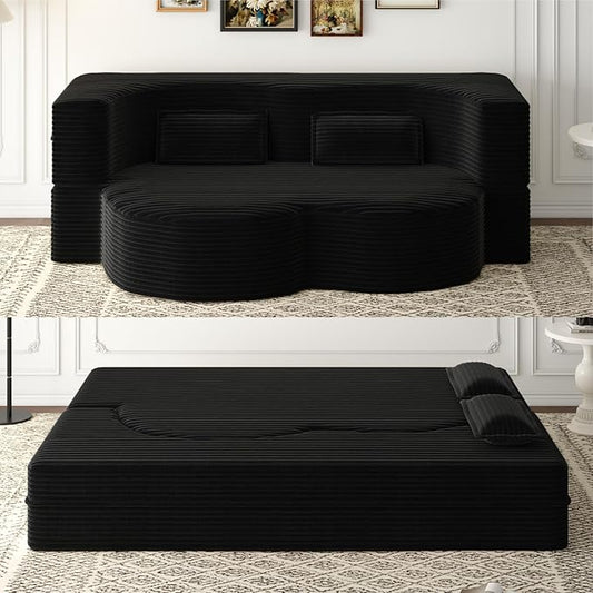 Hommoo Convertible Sleeper Sofa Bed Futon Sofa Folding Mattress Couch Full Size Corduroy 2 in 1 Compression Floor Lounge Couch High Density Foam for Living Room/Guest Room/Apartment Black