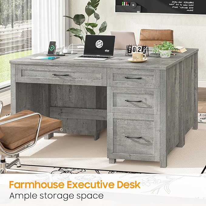 Vabches Farmhouse 47 Executive Desk with 4 Drawers Computer Desk with File Drawer and Charging Station Workstation for Home Office Study.（Grey）