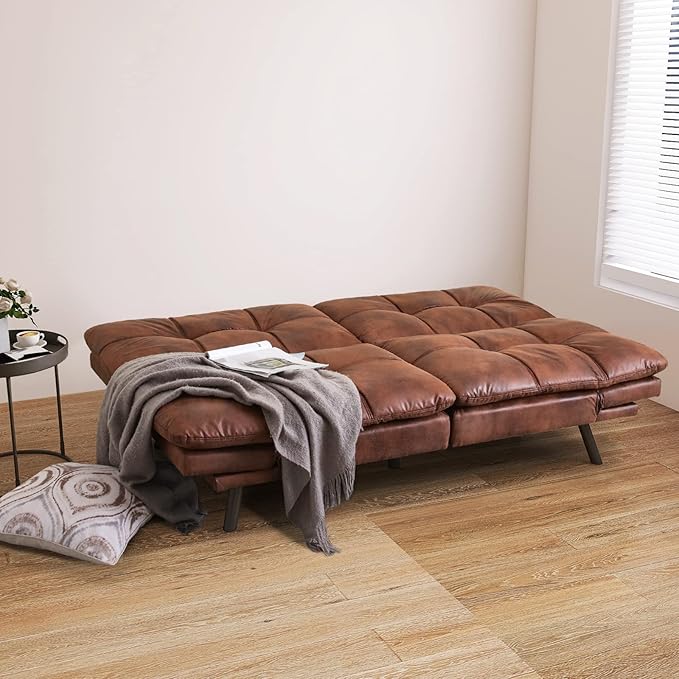 Vyfipt Futon Sofa Bed/Couch Memory Foam Small Splitback Sofa for Living RoomModern Loveseat with Covertible ArmrestsFaux Leather/Cushion Thicker Version(Brown)