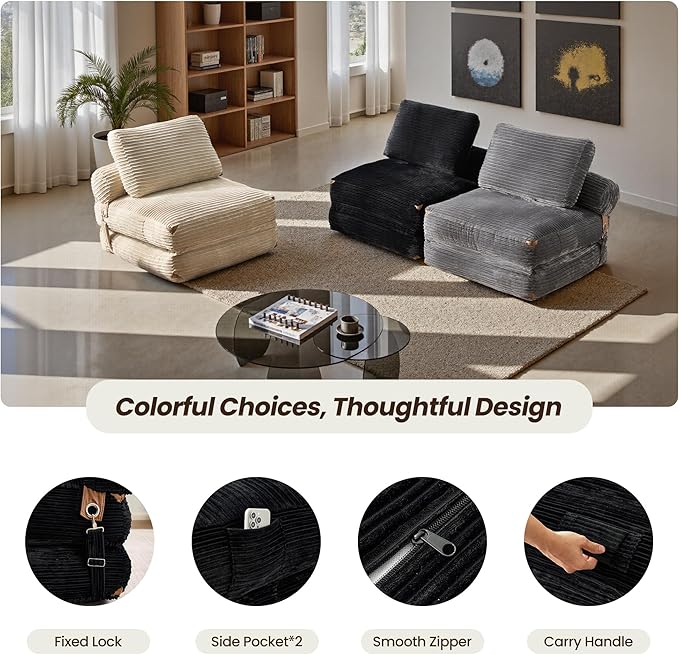 ovios Folding Sofa Bed Foldable Sleeper Chair Floor Futon Comfy Portable Convertible Fold Out Lounge Chairs for Living Room Bedroom Black