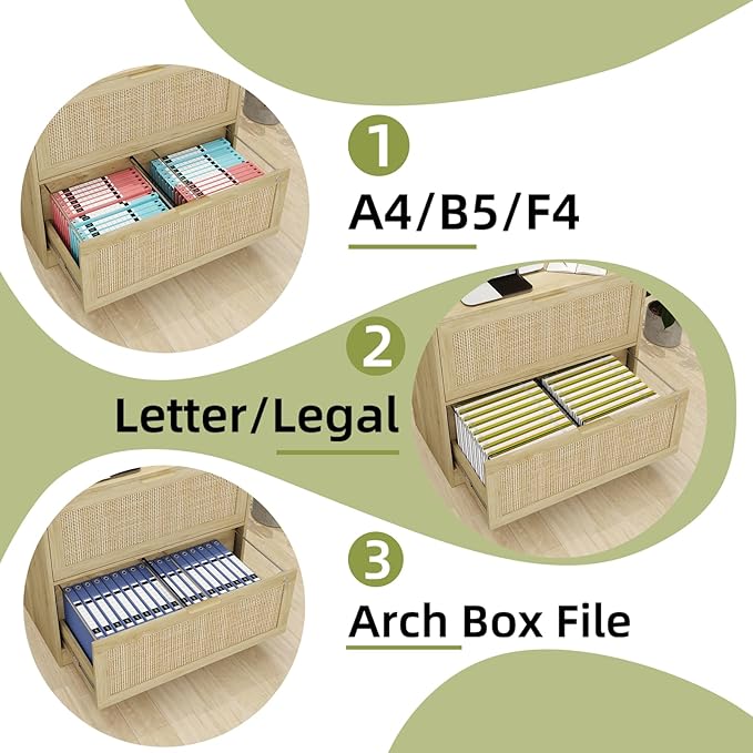 HOPUBUY 2 Drawer File Cabinet with Lock Printer Stand Lateral Filing Cabinets for Home Office and School Wood Rattan File Cabinet for Hanging Files/Letter/Legal/A4/F4 Size Oak