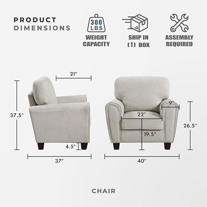 Lexicon Chenille Upholstered Accent Chair Modern Living Room Chair with Removable Back Cushion Cover Track Arms for Office/Bedroom/Apartment Easy Assembly Gray