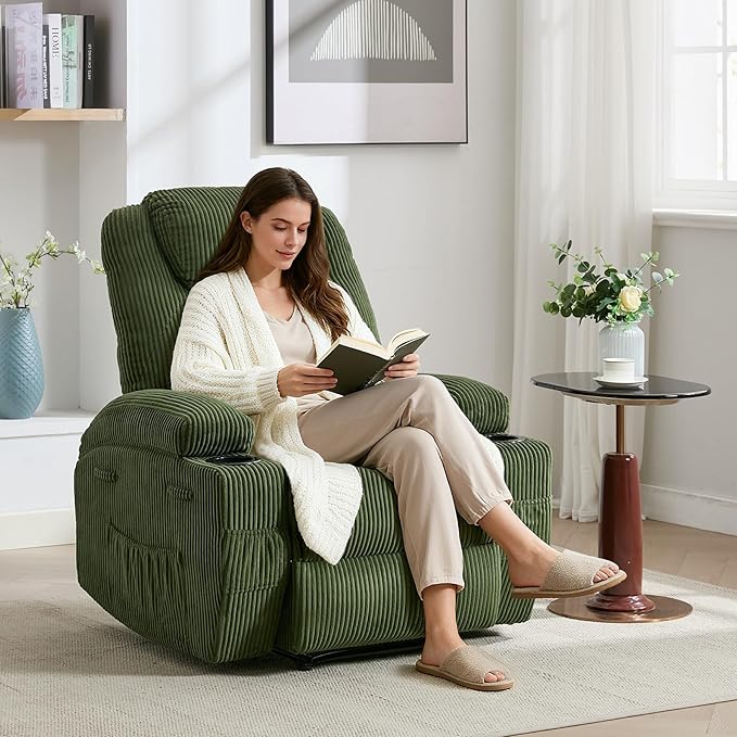Massage Recliner Chair with Heat for Adults Extra Wide Manual Reclining Chair with 1.5X Thick Sponge Armrests &amp Backrest Lazy Boy Recliner Sofa for Living Room &amp Bedroom Comfort Green