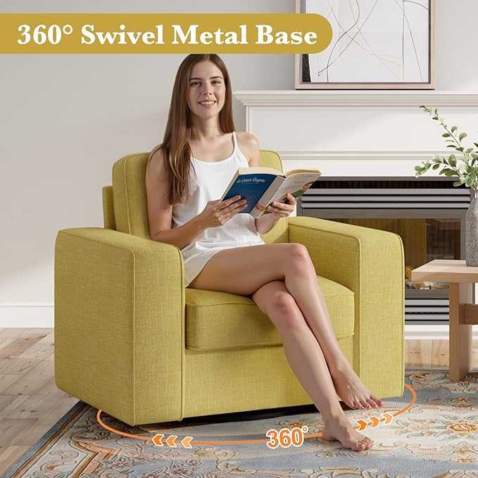 Swivel Accent Sofa Chair Set of 2 FSC Certified Sofa Armchairs with Extra Wide Mid-Century Modern 1pcs Pillows for Living Room Bedroom Office-Yellow Color