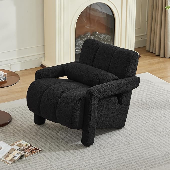 LOULENS Lambswool Accent Chair Modern Upholstered Sherpa Accent Chair Comfy Teddy Single Armchair with Pillow for Living Room Bedroom (Black)