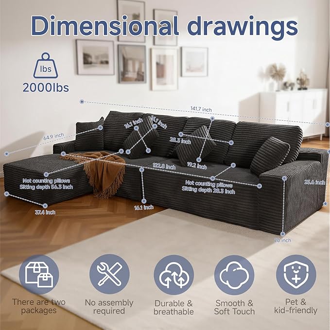 142 Cloud Modular Boneless Couch L-Shaped Left Facing Chaise Sectional Sofa Deep Seat Plush Corduroy Upholstery - Memory Foam Comfy Fluffy Couches for Living Room Bedroom No Assembly Required