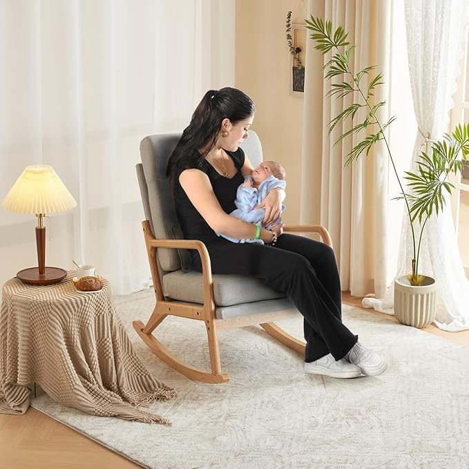 Rocking Chair Nursery Glider Rocker Convertible Rocking Armchair to Accent Chair Mid-Century Modern Chair with Lumbar Pillow for Bedroom Living Room Nursery Light Gray