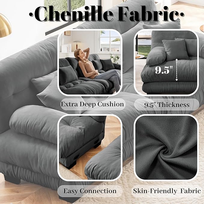 Modular Sectional Sofa for Living Room173 U-Shaped Comfy Couch with Ottoman Oversized 4 Seater Grey Sectional Couches with Pillows Fluffy Couch Set with Deep Seat