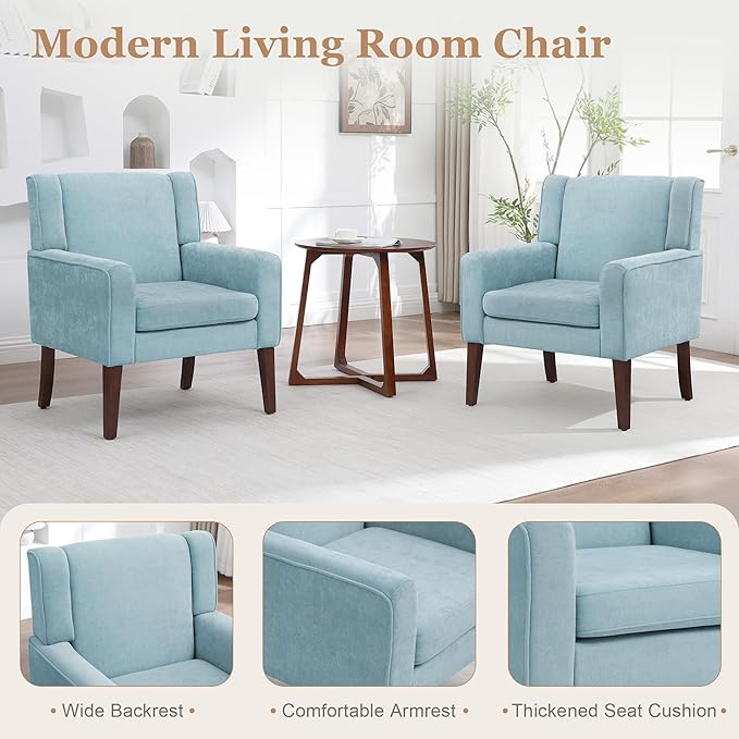 Accent Chairs Set of 2 Mid-Century Reading Chair with Wood Legs Upholstered Comfy Living Room Chair for Bedroom Apartment Waiting Room Light Blue