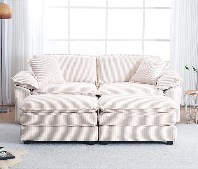 84.6” Corduroy Loveseat with Ottoman Oversized Double Chaise Lounge Chair Indoor Deep Seat Two Seater Couch Cloud Couch Modular Sectional Sofa for Living Room(Corduroy White)
