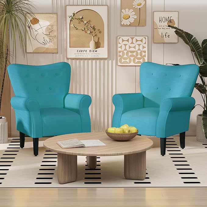 MELLCOM Mid Century Wingback Arm ChairModern Upholstered Fabric High Back Accent Chair with Wood LegsUpholstered Single Sofa Club Chair for Living Room Bedroom Home Office Teal