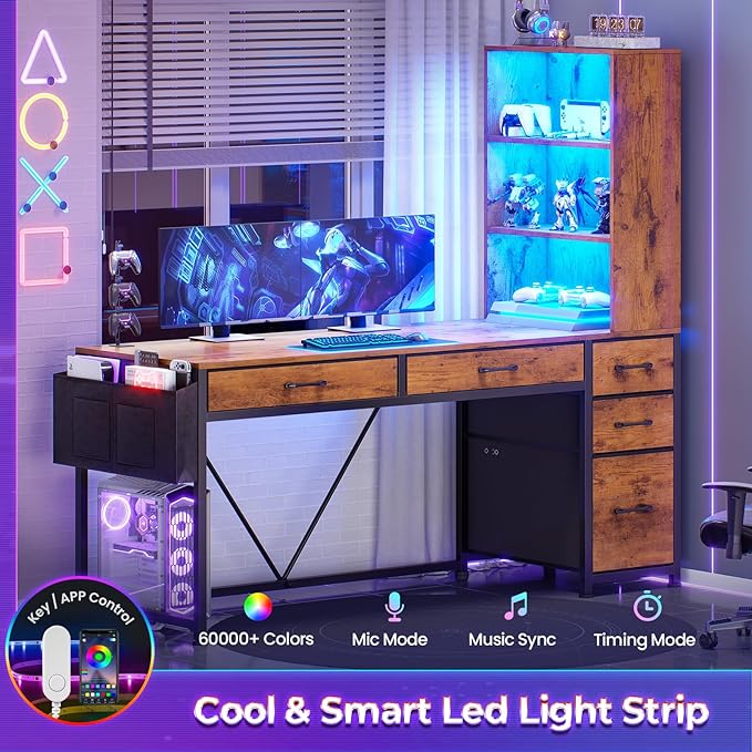 SEDETA Computer Desk with 5 Drawers and Bookshelf Reversible Home Office Desk with Storage Shelves and File Drawer Gaming Corner Desk with LED Lights for Small Spaces Rustic Brown