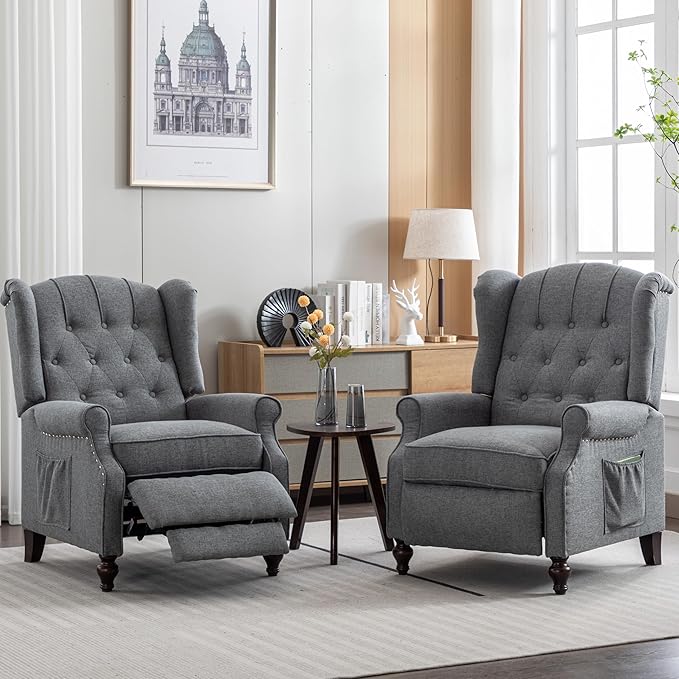 Push Back Recliner Mid-Century Modern Accent Chair Reading Chairs Set of 2 Tufted Fabric Arm Chair for Living Room w/Heat Massage/Side Pockets (2 PC Gray)