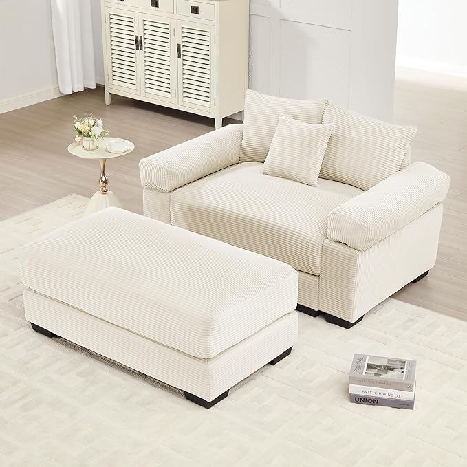 ERYE Modern Corduroy Upholstered Accent Chair and Ottoman Set Oversized Wider Seat Armchair Leisure Comfy Lounge Chaise with Removable CushionArmrests and 3 Pillows