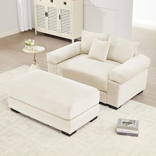 ERYE Modern Corduroy Upholstered Accent Chair and Ottoman Set Oversized Wider Seat Armchair Leisure Comfy Lounge Chaise with Removable CushionArmrests and 3 Pillows