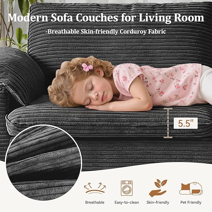 WEUP 86 Loveseat Sofa Grey Corduroy Couches for Living RoomMid Century Modern Love SeatSuper Comfy Cloud SofasDeep SeatWide ArmrestSturdy Frame for Bedroom Apartment Office