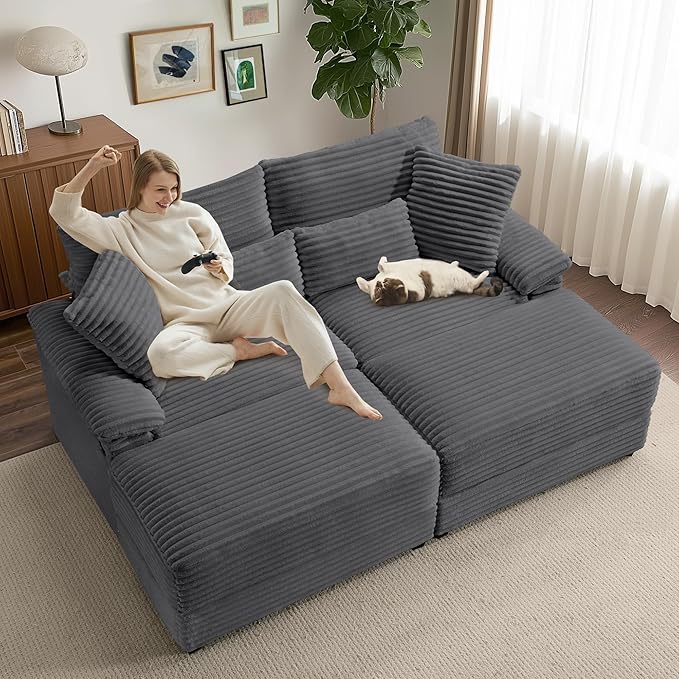 SUNWAVE 74 W Double Chaise Lounge Chair Indoor Oversized Loveseat with Storage Ottoman Corduroy Couch with USB Charging Removable Ottoman and Coffee Table Cushions for Living Room Bedroom