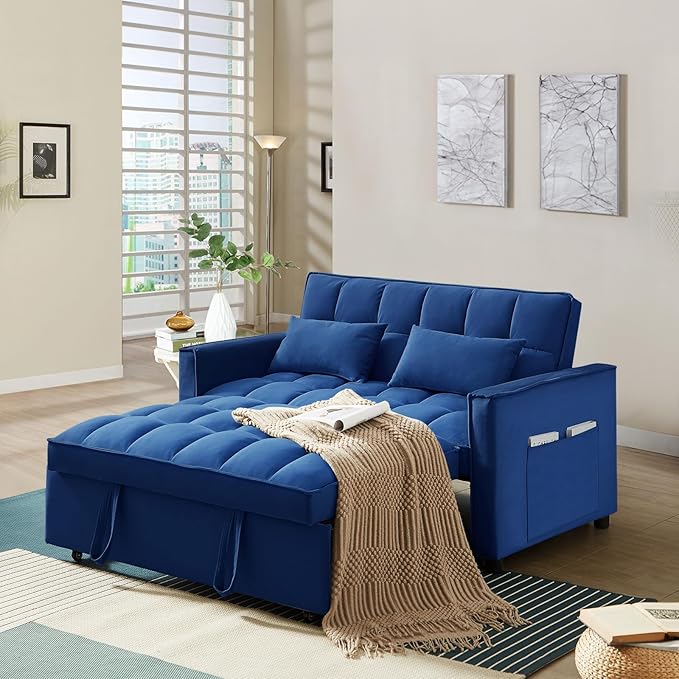 3 in 1 Convertible Sleeper Sofa Couch with Pull Out Bed55 Velvet Upholstered Futon Sofa BedModern Loveseat Sleeper Chaise with Adjustable Backrest for Living Room Guest Room Apartment(Blue)